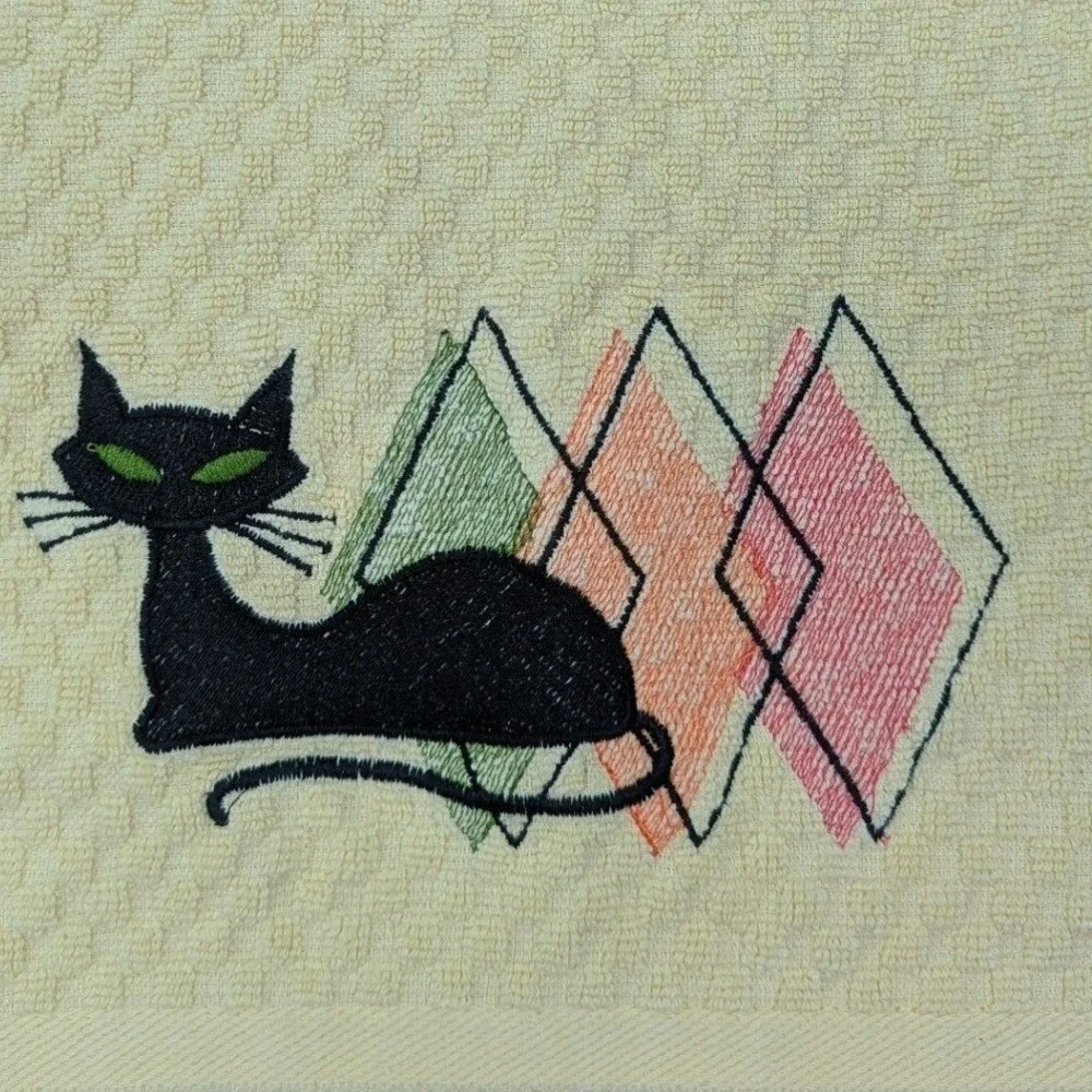 Retro Mid Century Modern Embroidered Atomic Cat Kitchen Bar Hand Towel